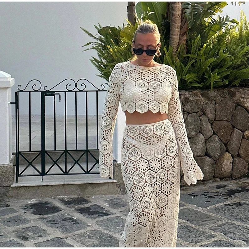 EINY Crochet Hook Knitted Hollow Out Skirt Suit Women Long Sleeve O-neck Crop Top High Waist Skirts 2 Pics Summer Lady Beachwear