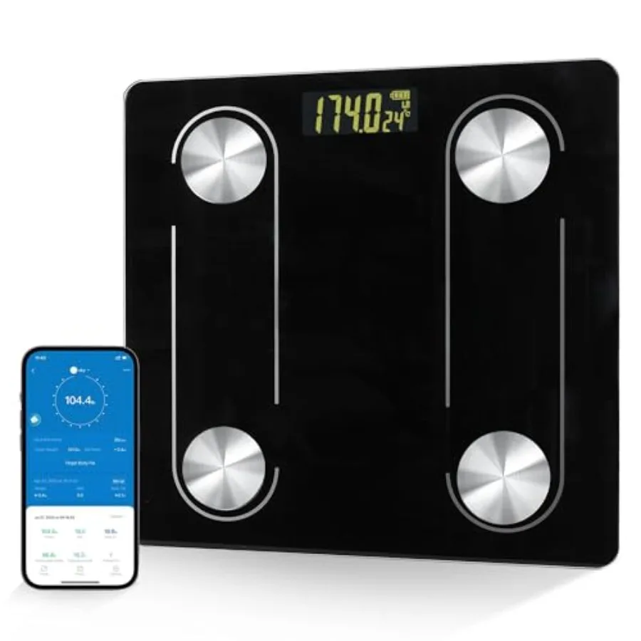 Bathroom digital scale with LED display for body fat measurement, portable black ABS plastic scale with smartphone app connecti