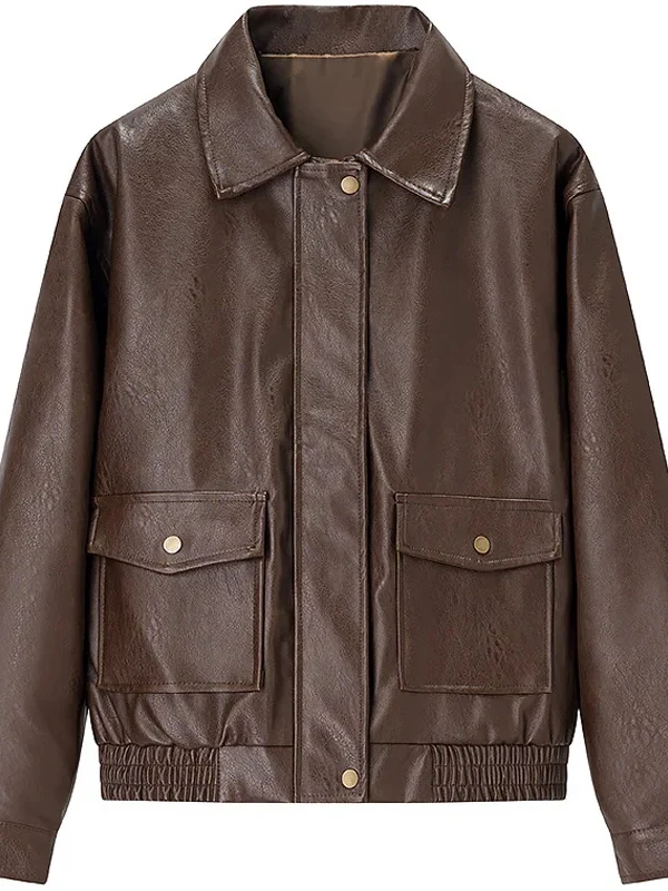 American Sle Vintage Faded Leather Jaet ملابس خارجية فضفاضة للتنحيف معطف من مادة البولي يوريثان لموسم الخريف للسيدات...