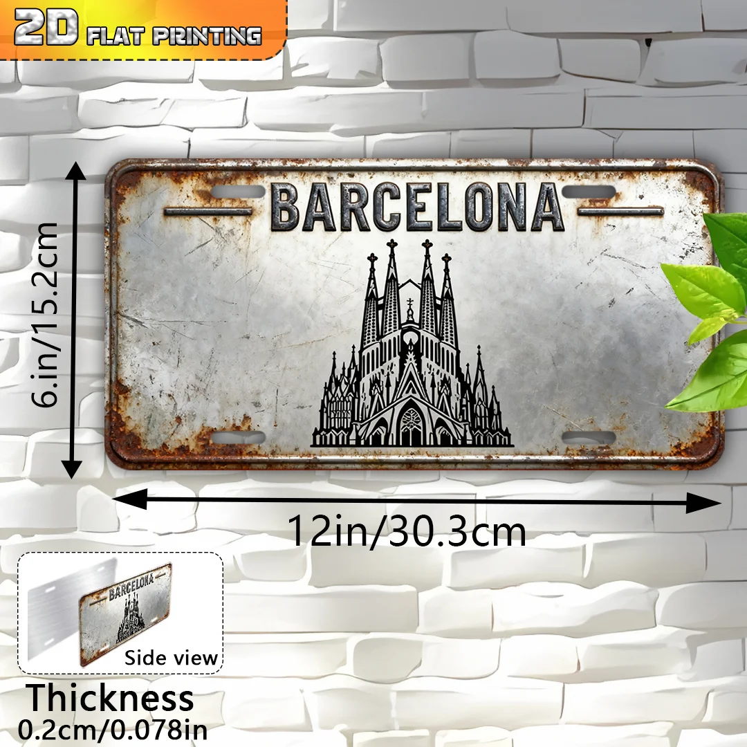 Letrero de pared de metal plano 2D Barcelona Sagrada Familia - Réplica de arquitectura española icónica Antoni Gaudí, 6 "x 12" (15x30 cm) Cata