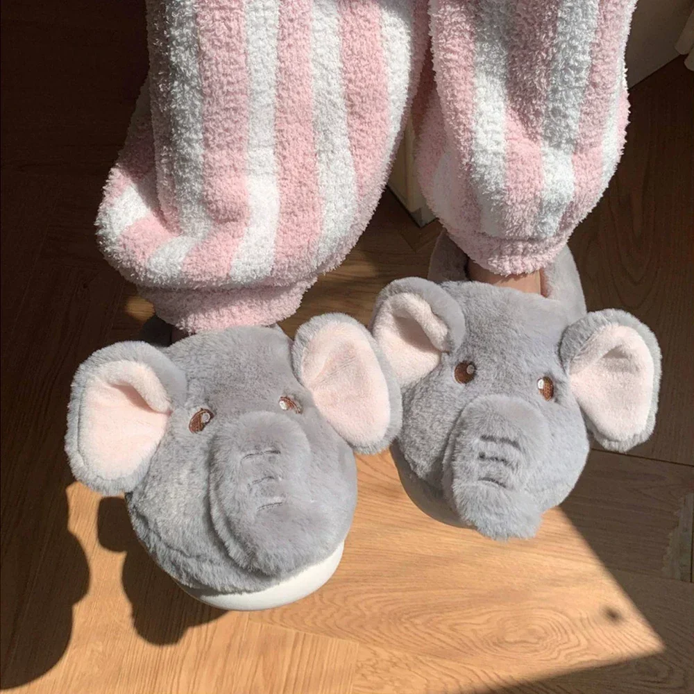 Baotou-Pantoufles en Coton pour Femme, Chaussures de Couple Épaisses, Éléphant Mignon, Antidérapantes, Confortables, Semelle Souple, Peluche, Maison, Hiver