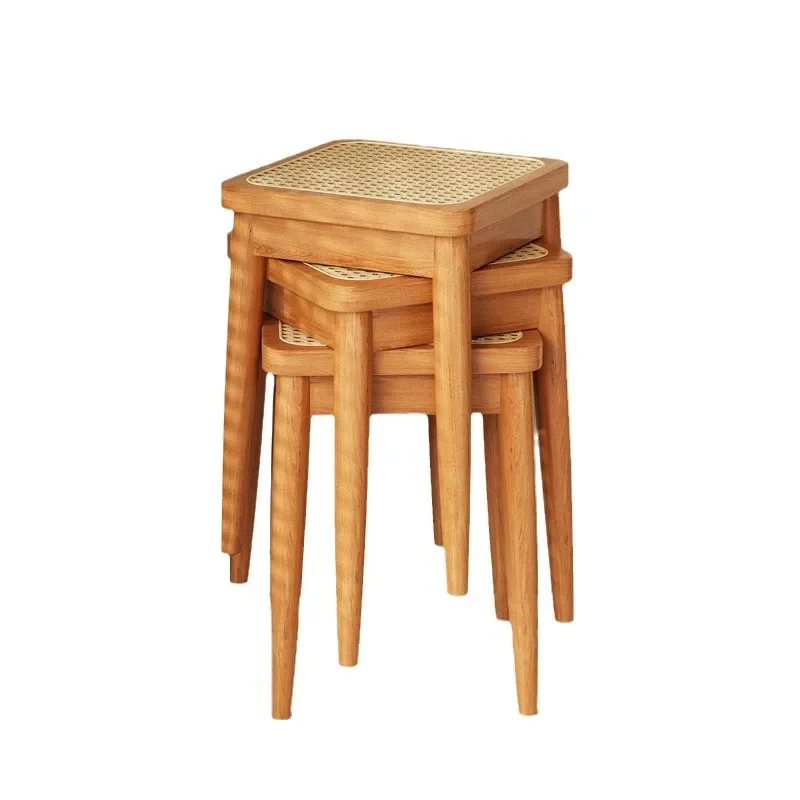 Solid wood rattan stool household stackable medieval square stool dining table bench spare breathable dining stool simple