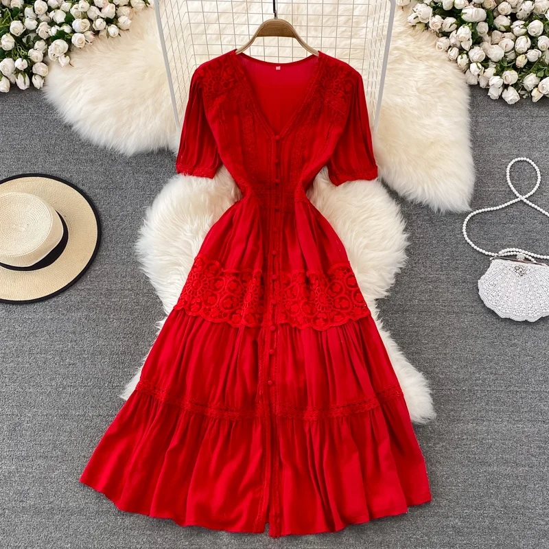 Red V-Neck Summer Dress Desert Daisy Retro First Love Fairy Tale Skirt Short Sleeve High Waist A-Line Korean Style Commute Dress
