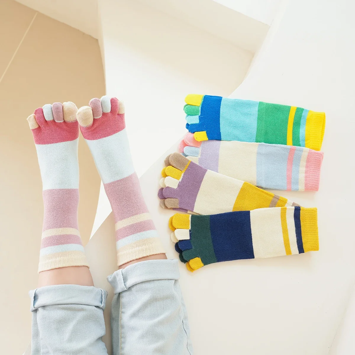 

5 Pairs Fashionable New Five Foed Socks for Children, Breathable, Comfortable Cute Deodorant Colorful Striped Short Cotton Socks