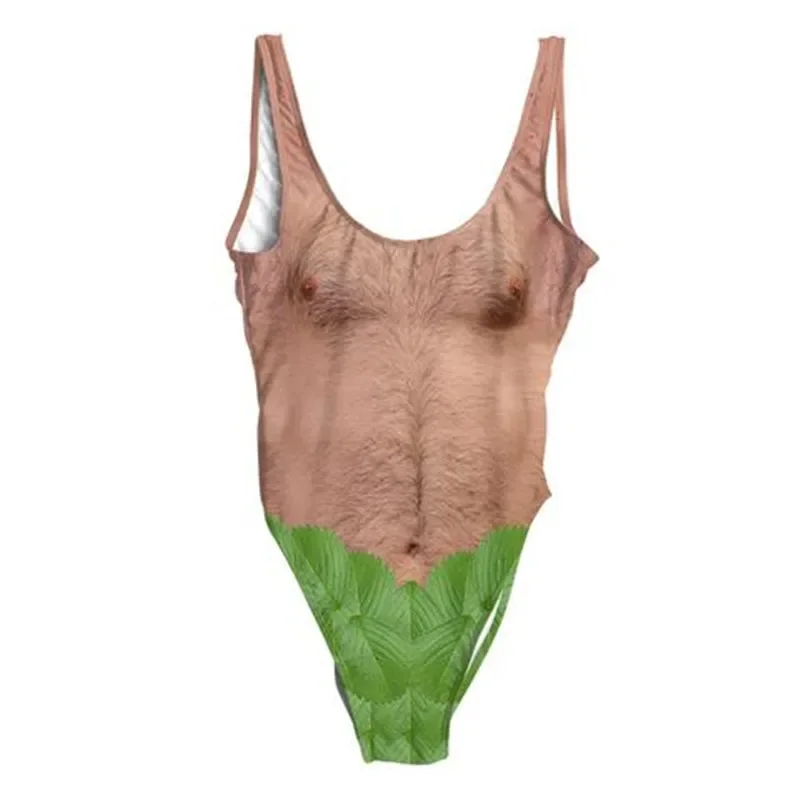 Funny Borat Reverse role One Piece Swimsuit Women Sexy 3D Chest Hair Bodysuit Female Monokini Beachwear Mermaid trajes de bano