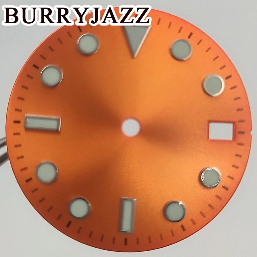 BURRYJAZZ 28.5mm No Logo NH35 Watch Dials Orange Pink Dial Green Luminous Fit 3 O'clock 3.8 O'clock Case Crown