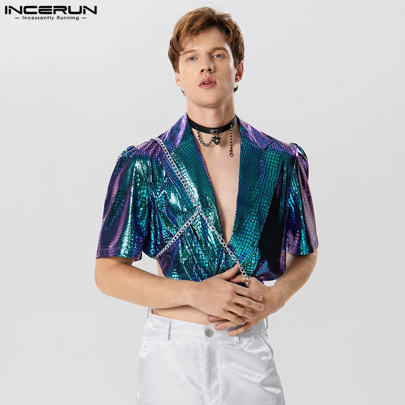 INCERUN Tops 2024 American Style New Men\'s Texture Reflective Fabric Design Blazer Casual Short Sleeved Cropped Suit Coats S-5XL