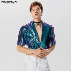 INCERUN Tops 2024 American Style New Men's Texture Reflective Fabric Design Blazer Casual Short Sleeved Cropped Suit Coats S-5XL