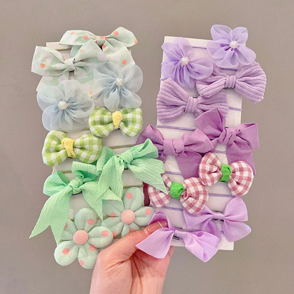 10pcs/Set Bowknot Hair Ties Cloth Flower Charms Hair Loop Mixed Color Elastic Ponytail Holder Rubber Bands For Toddler Girls