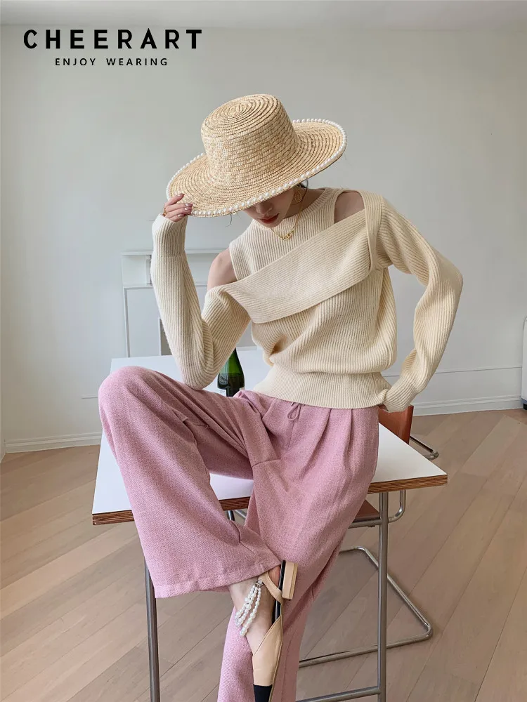 

CHEERART Designer Hollow Out Fall Sweater Women Crewneck Long Sleeve Ribbed Top Pullover Knitted Sweater Korean Fashion 2022