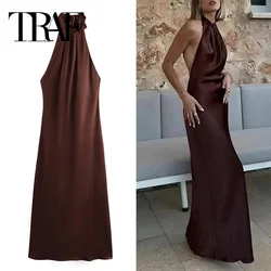 TRAF Halter Satin Dress Woman Off Shoulder Backless Long Dress Women Sleeveless Elegant Party Dresses Summer Evening Dresses