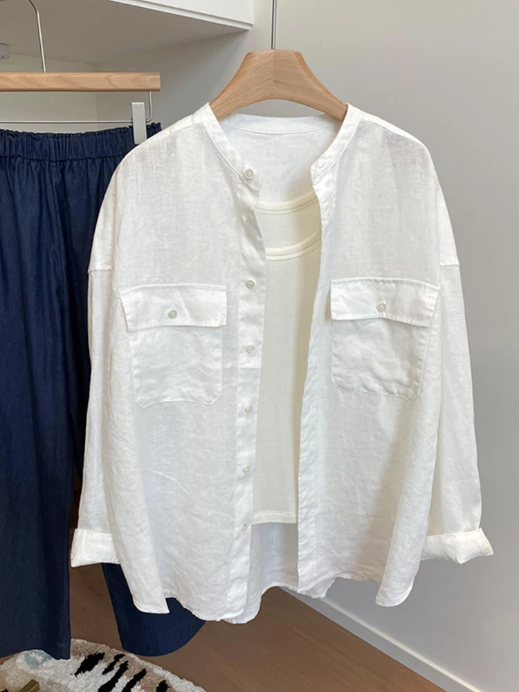 

Sun Protection Silk Linen Shirt Women Summer Thin Loose Casual round Neck Long Sleeve Cotton Linen Top Coat Breathable Skin-F...