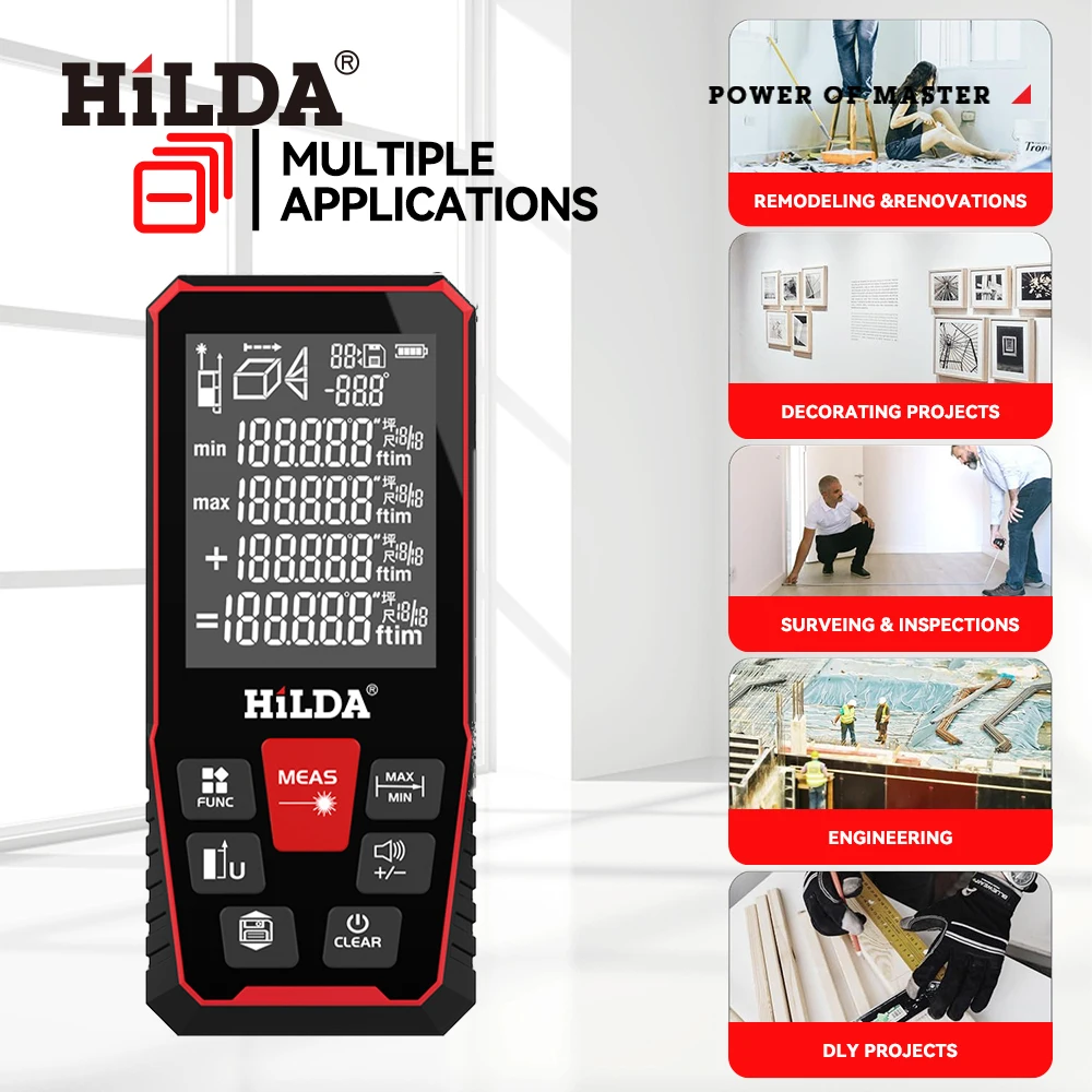 HILDA lazer mesafe 50M/100M/120M telemetre profesyonel metre lazer telemetre cetvel Test aracı
