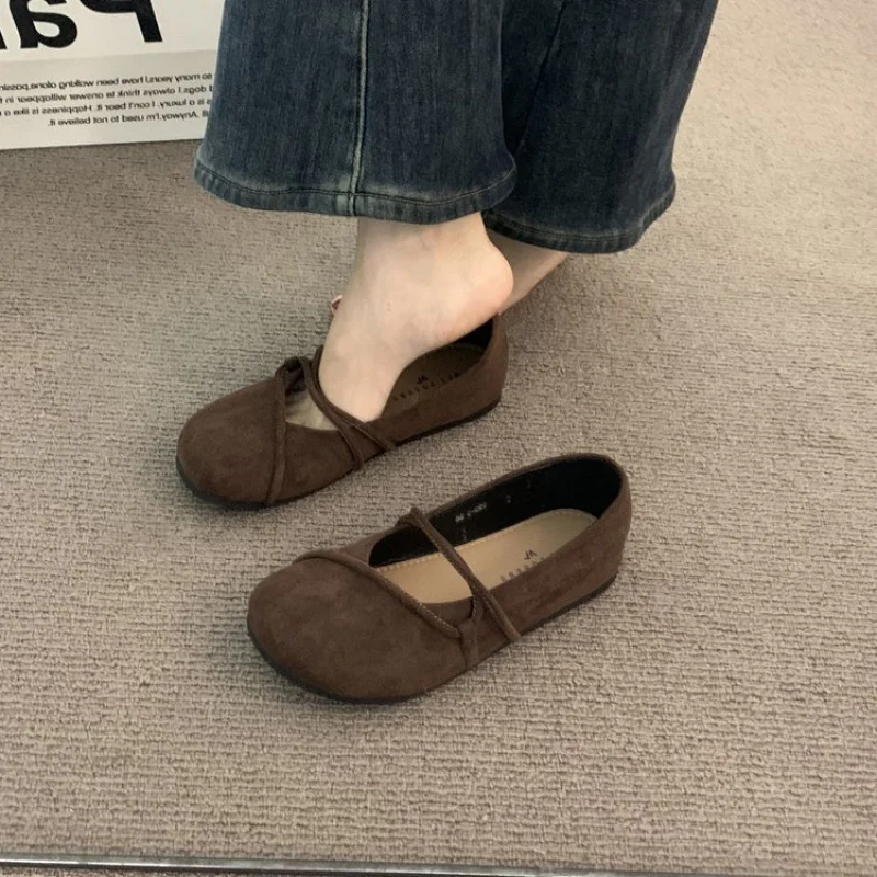 حذاء نسائي أنيق بني ماري جين مسطح على الطراز الفرنسي من جلد الغزال بدون كعب مجموعة الربيع/الخريف حذاء مسطح لارتداء غير رسمي #3