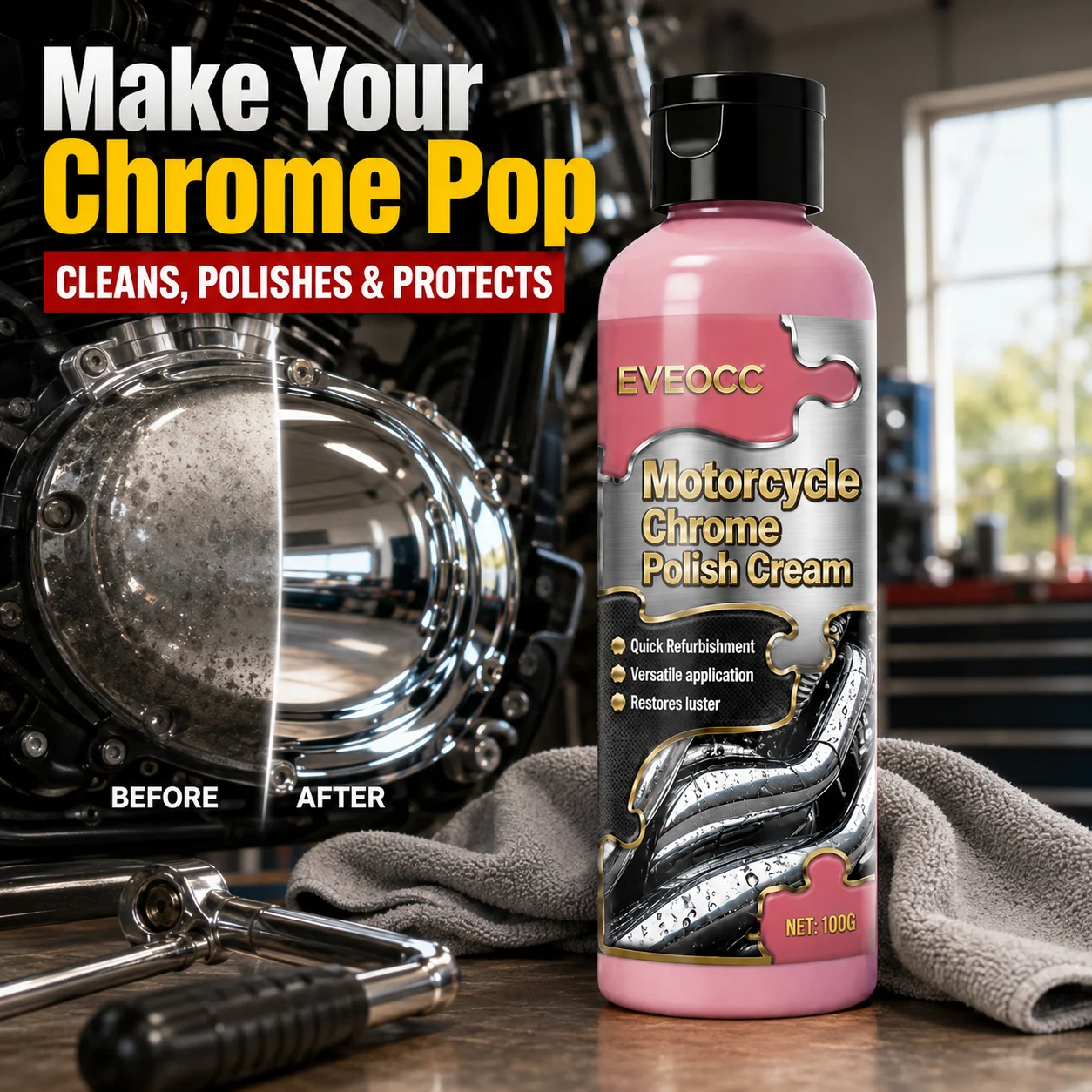 Motorcycle Chrome Restoration Polish Cream 100g, Versatile Metal Polishing Paste Brightener for Motorbike Bike Metal Components