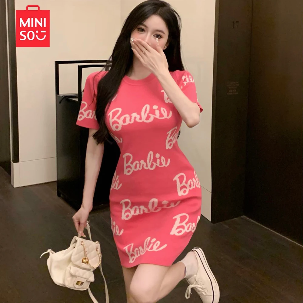 Miniso New Barbie Round Neck Letter Print Short Sleeve Mid Length Wrap Hip Dress Girls Birthday Christmas Halloween Gift