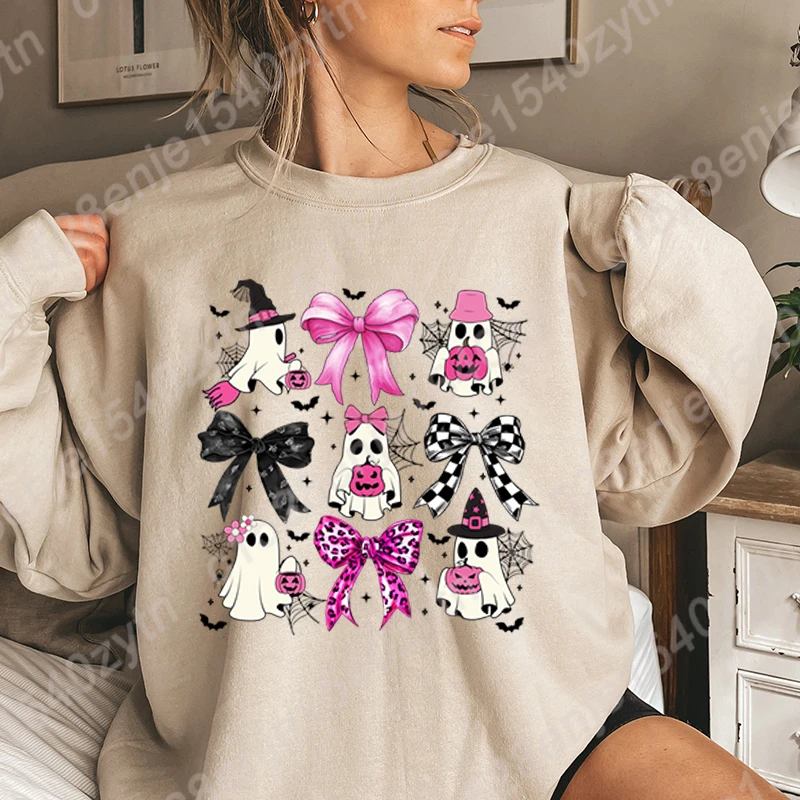 Fashion Halloween Ghost Pink Bow Print Oversize Hoodless Pullovers For Women Casual Autumn And Winter Fashion Ladies Sweatshirts