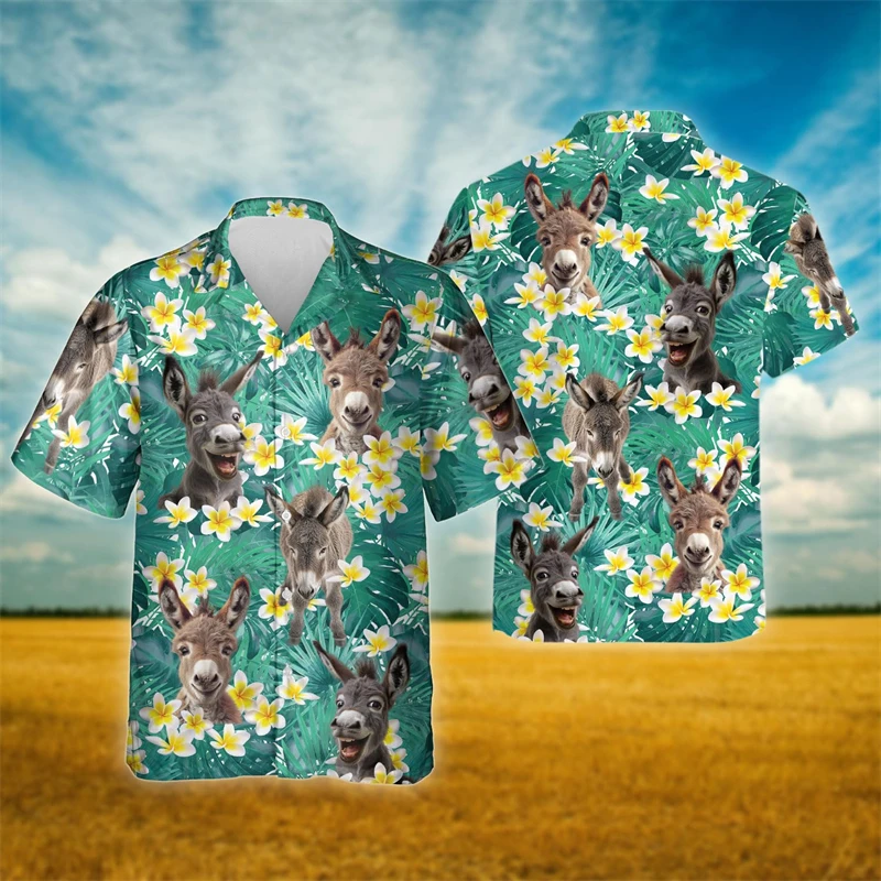 Funny Donkey Graphic Beach Shirt Casual Hawaiian Short Sleeve Blouses Farm Animal Lapel Blouse Aloha Shirts For Men Clothes Tops