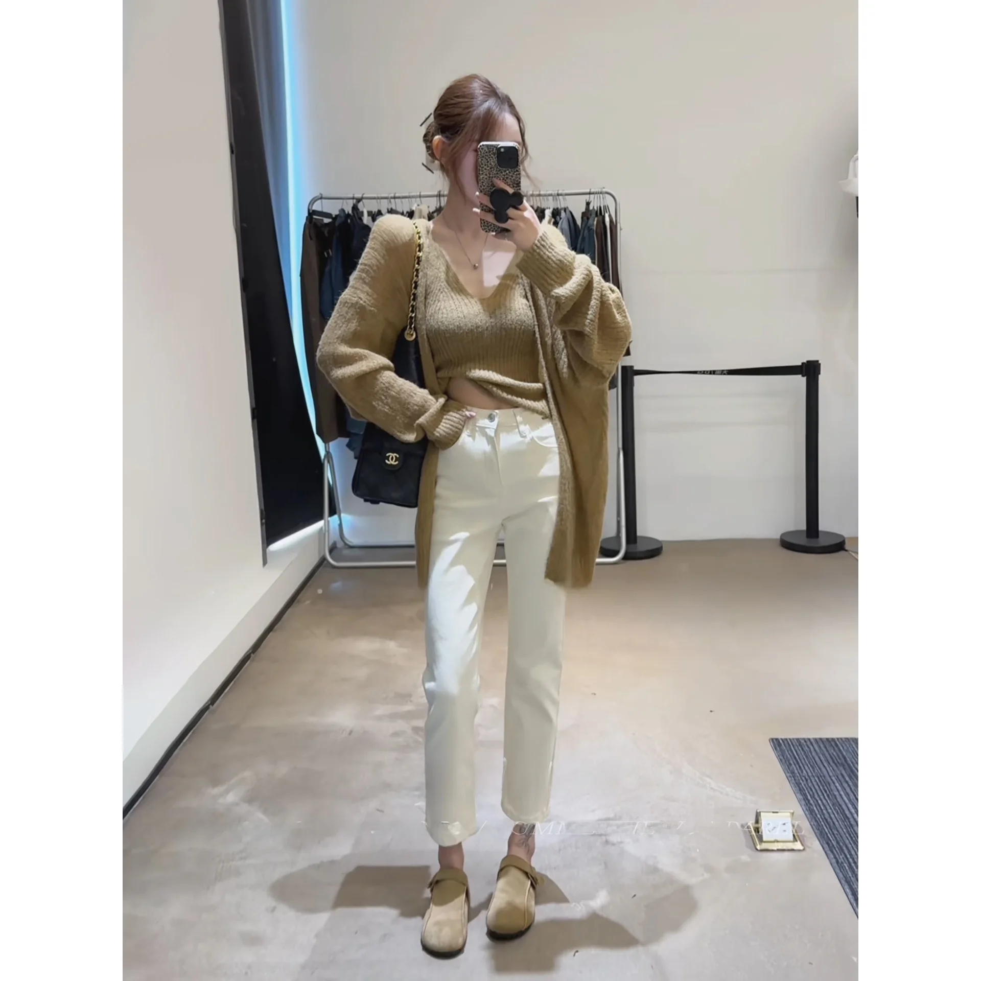 

High Waist Stretchy Straight Leg Nine-Tenths Jeans White Autumn Winter New Style Elegant Small Size Slimming Leg Lengthening