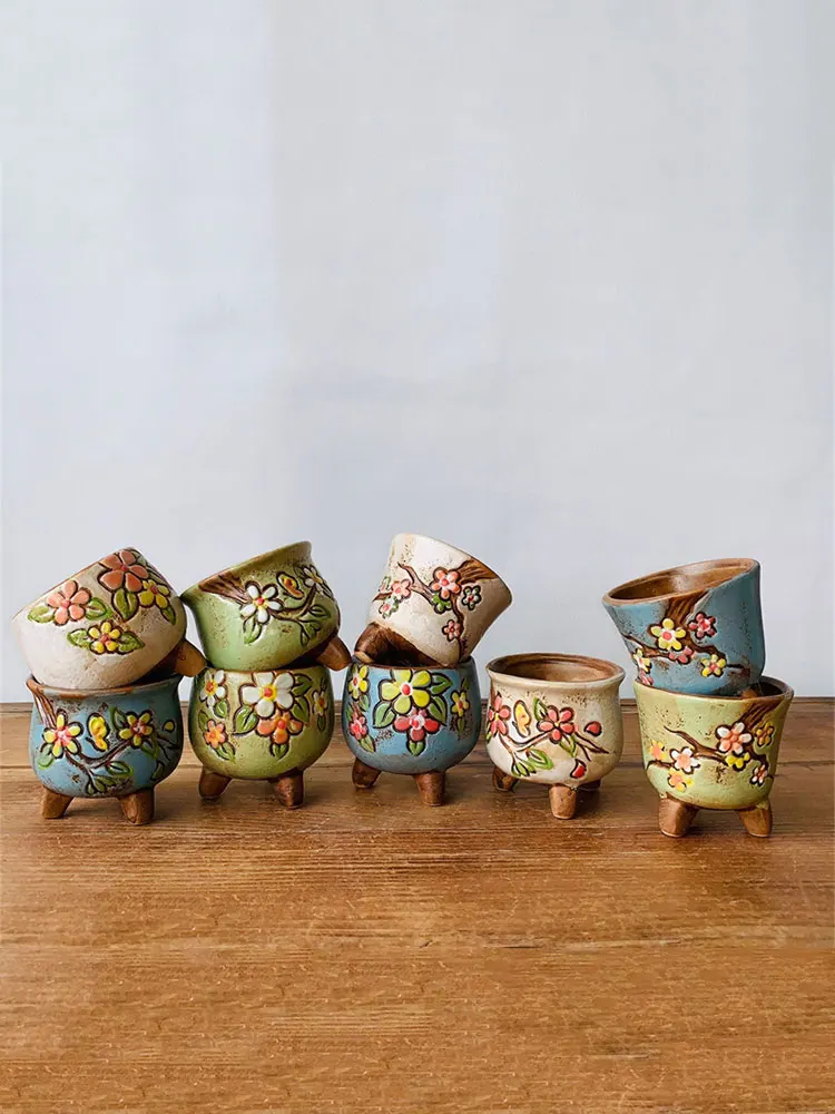 Korean Simple Fleshy Flower Pot Ceramic Hand-painted Fresh Thumb Pot Coarse Pottery Permeable Pot Peach Egg Flesh Flower