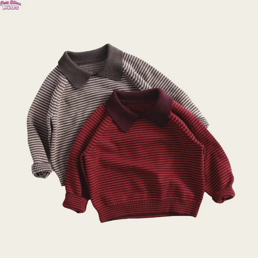 

Toddler Kids Boys 1-6Y Girls Sweaters Cotton Knitted Vintage Sweater Striped Pattern Drop Shoulder Pullover Soft Casual Wear