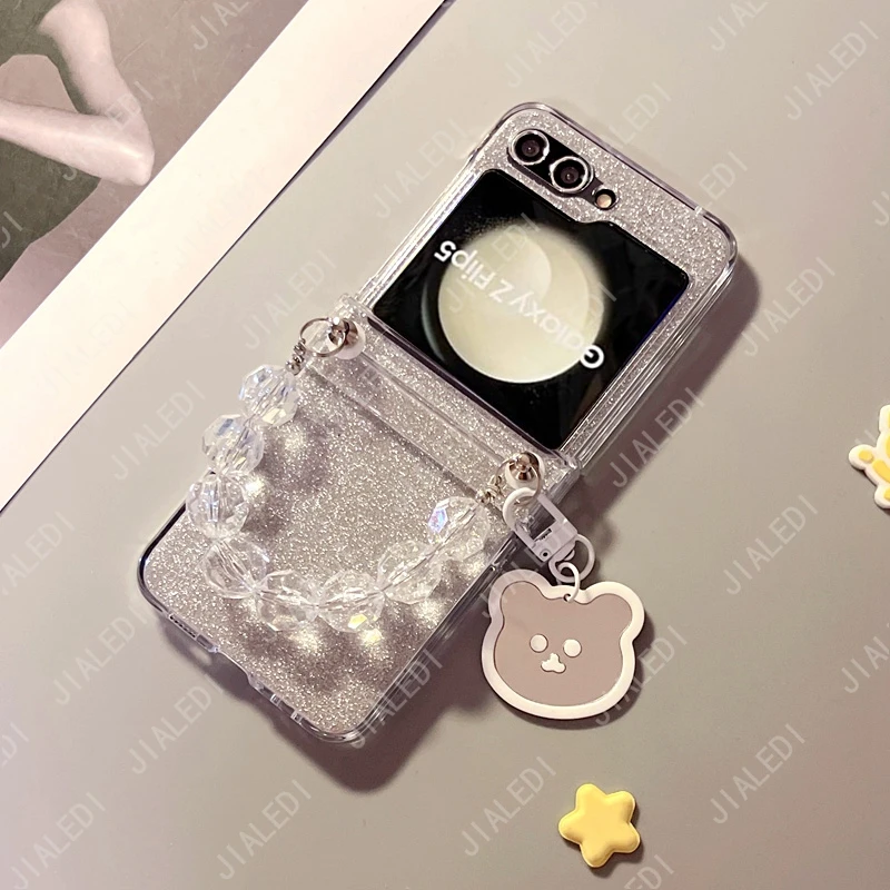Cute Bear Beads Bracelet Chain Glitter Hinge Phone case For Samsung Galaxy Z Flip 5 6  3 4 Clear Hard flip6 Cover