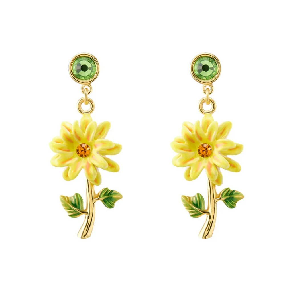 

2025 Autumn Winter New Arrival Small Fresh Hand-painted Enamel Sunflower Dangle Earrings Natural Personalized Earrings for Women