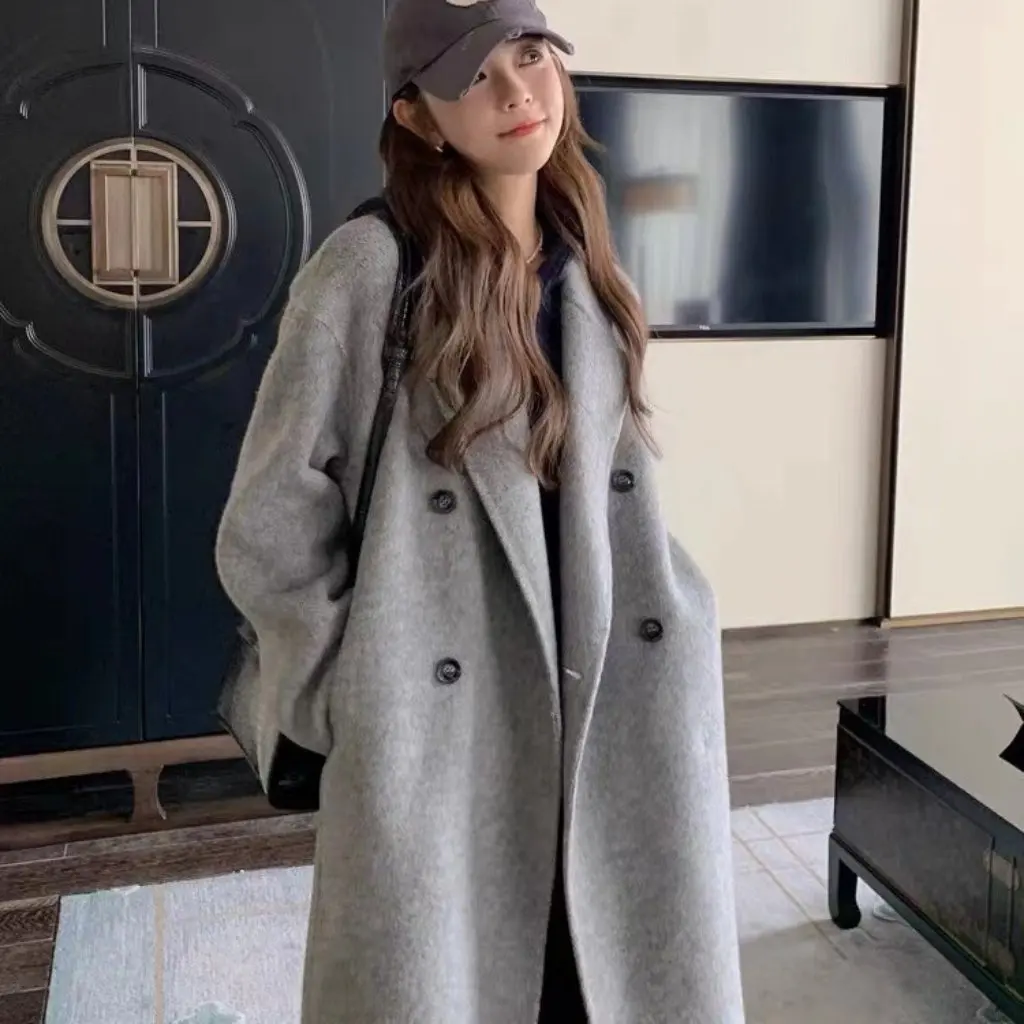 

Baby Camel Wool Double-Sided Cashmere Coat Gray Autumn Winter Korean Style Women's Plush Jacket Factory Direct