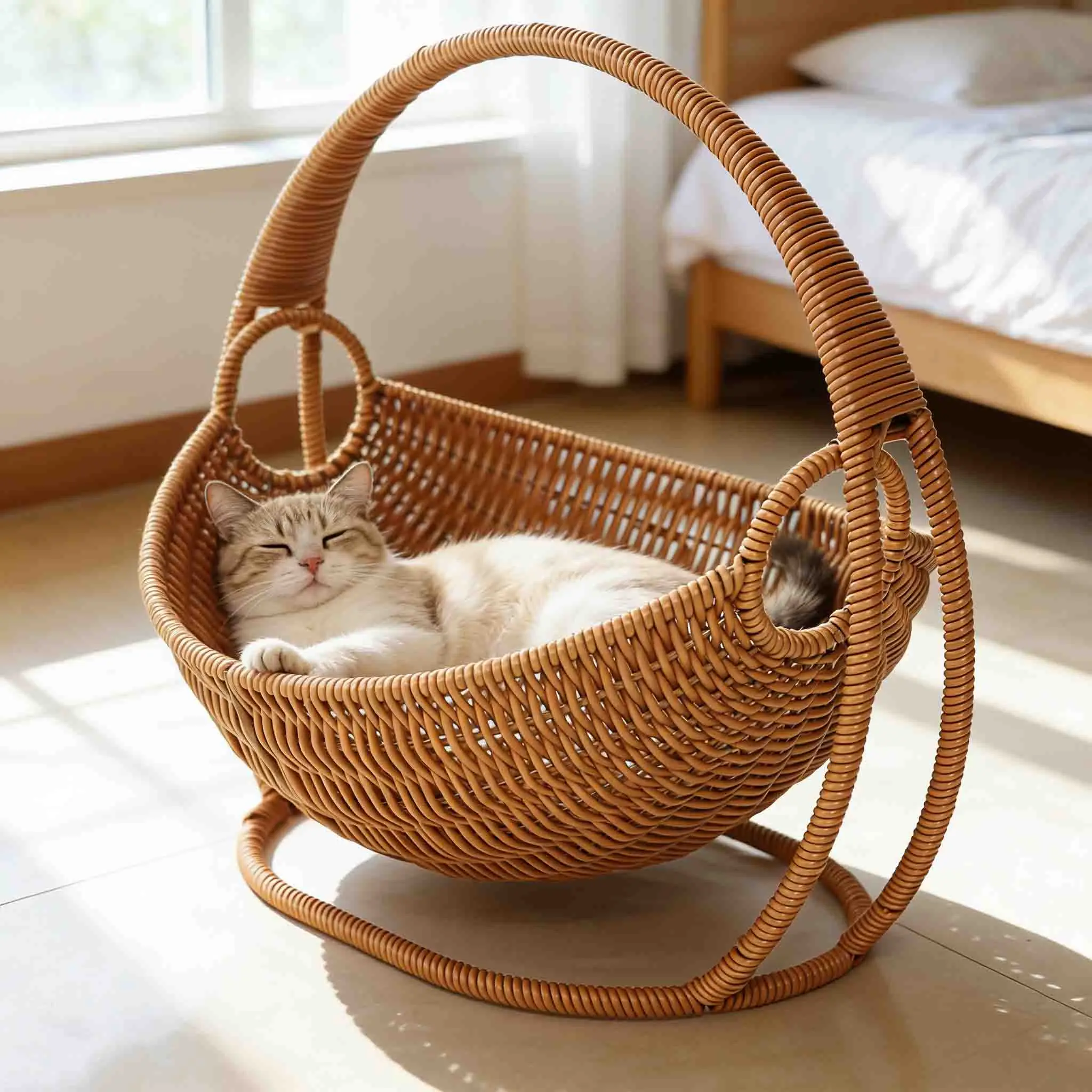 Rattan Swing Cat Bed Elevated Cat Cradle Hammock Cozy Cat Nest with Rocking Stand Indoor Pet Sleeping Basket for Cats view 5