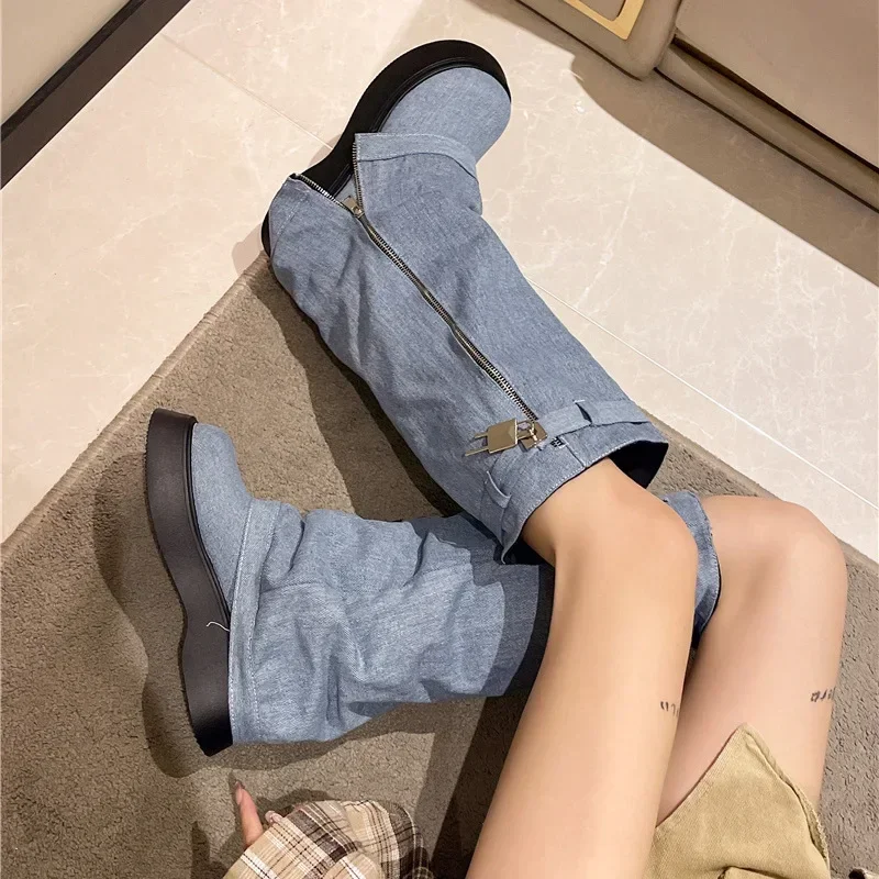 Women Pleated Chunky Platform Knee High Denim Boots Women Thick Bottom Wedge Western Boots Side Zipper Cowgirl Botas 2024