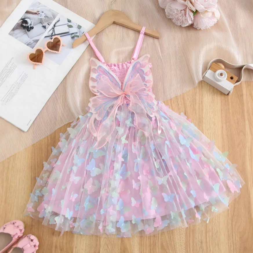 

2026 New Baby Girls Birthday Party Evening Dresses Butterfly Wings Summer Dress for Children's Colorful Mesh Dress Kids Clothes