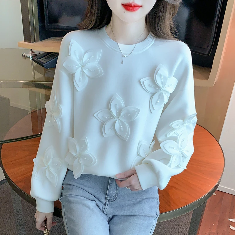 Luxury Embroidery Beaded Floral Appliques Sweatshirts Women Loose Casual Oversize Tops Black Pullovers Autumn Winter Warm Pulls