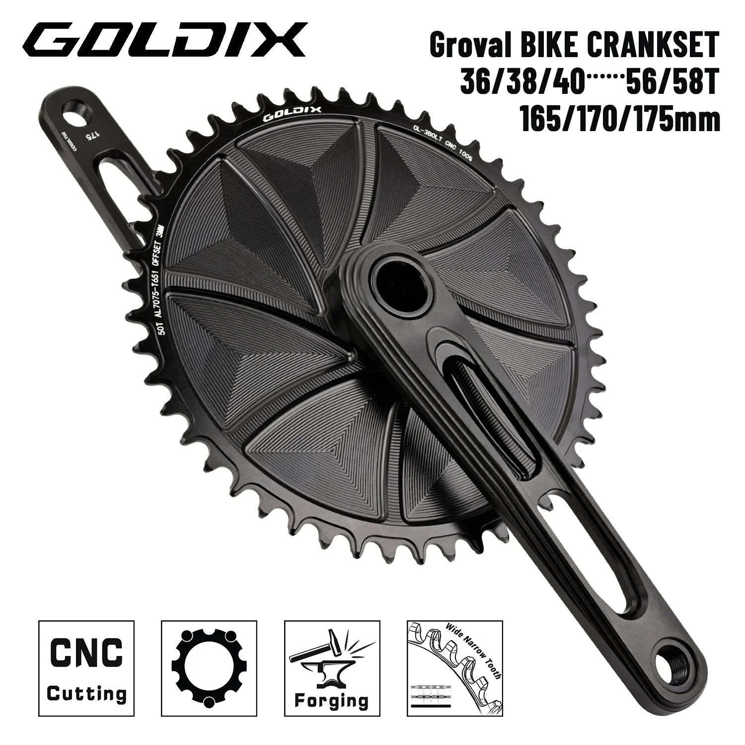 GOLDIX Road Bike Crankset 165/170/175mm Length Aluminum Alloy Forged Bicycle Crank Single Speed Narrow Wide Chainring