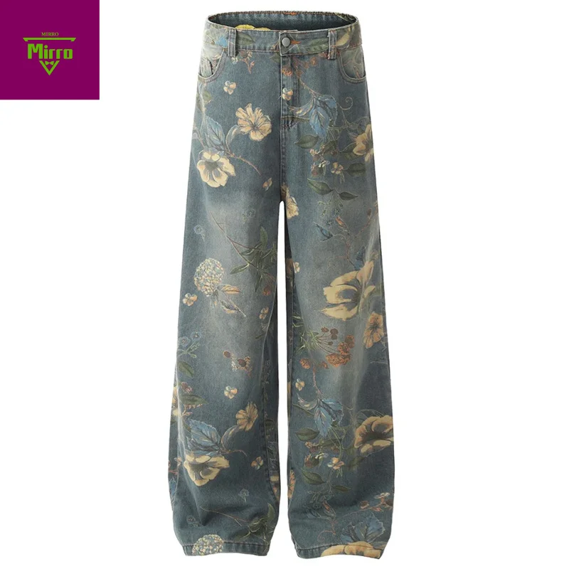 

Flower Printed Baggy Jeans Vintage Blue Loose Straight Denim Pants Men Streetwear Harajuku Hip Hop Oversized Jeans Trousers