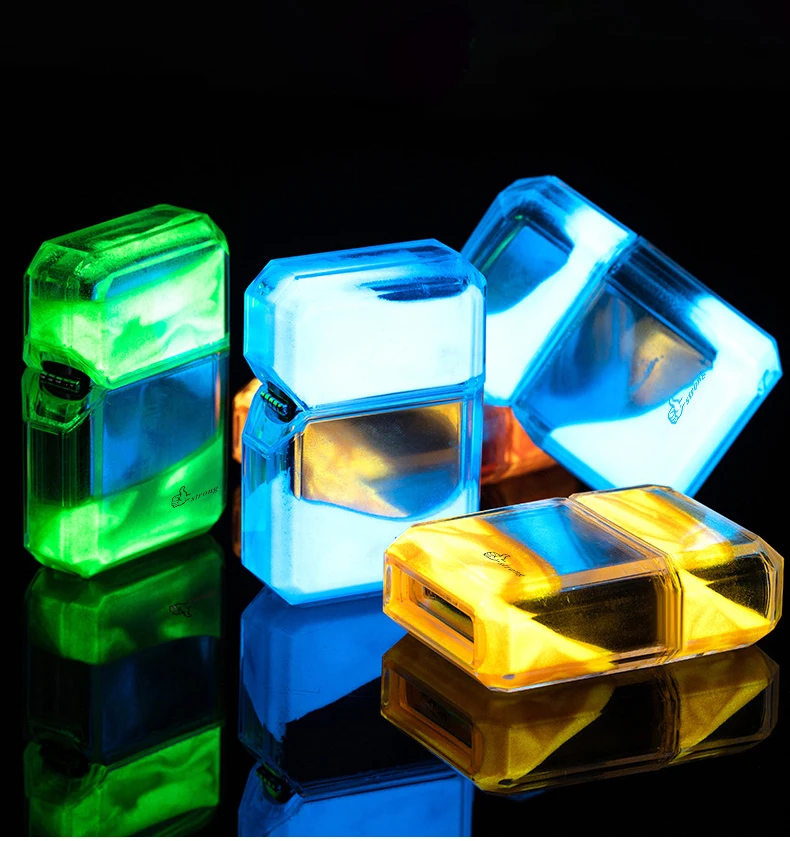 Luminous quicksand fluorescent gas lighter windproof creative transparent shell cigarette accessories give boyfriend trendy gift