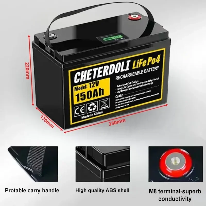 CHETERDOLI Wysokiej jakości oryginalna bateria LiFePO4, 12V, 100AH, 150Ah wbudowany BMS + ładowarka 14,6V