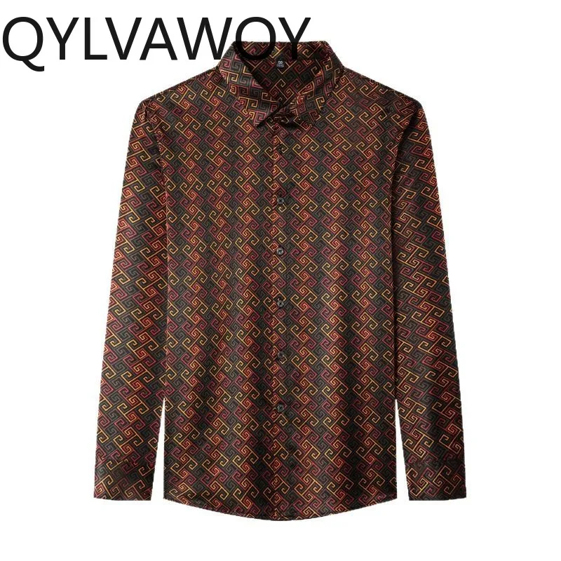 

QYLVAWOY 90.8% Real Mulberry Silk Men's Shirts New Summer Tops High-end Menswear Clothing Long Sleeves Thin Floral Shirts Casual