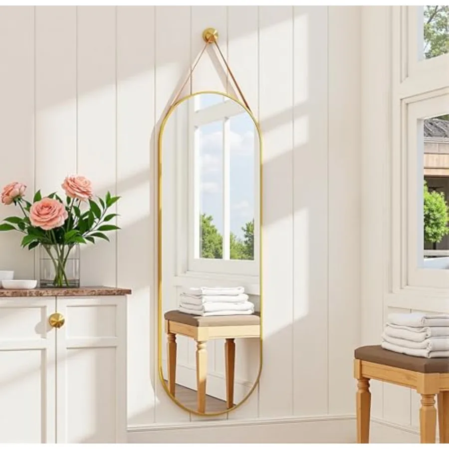 

16"x48" Oval Full Length Mirror with Leather Strap Hanging Mirror with Aluminum Frame, Oval Gold Wall-Mounted Mirrors for Livin