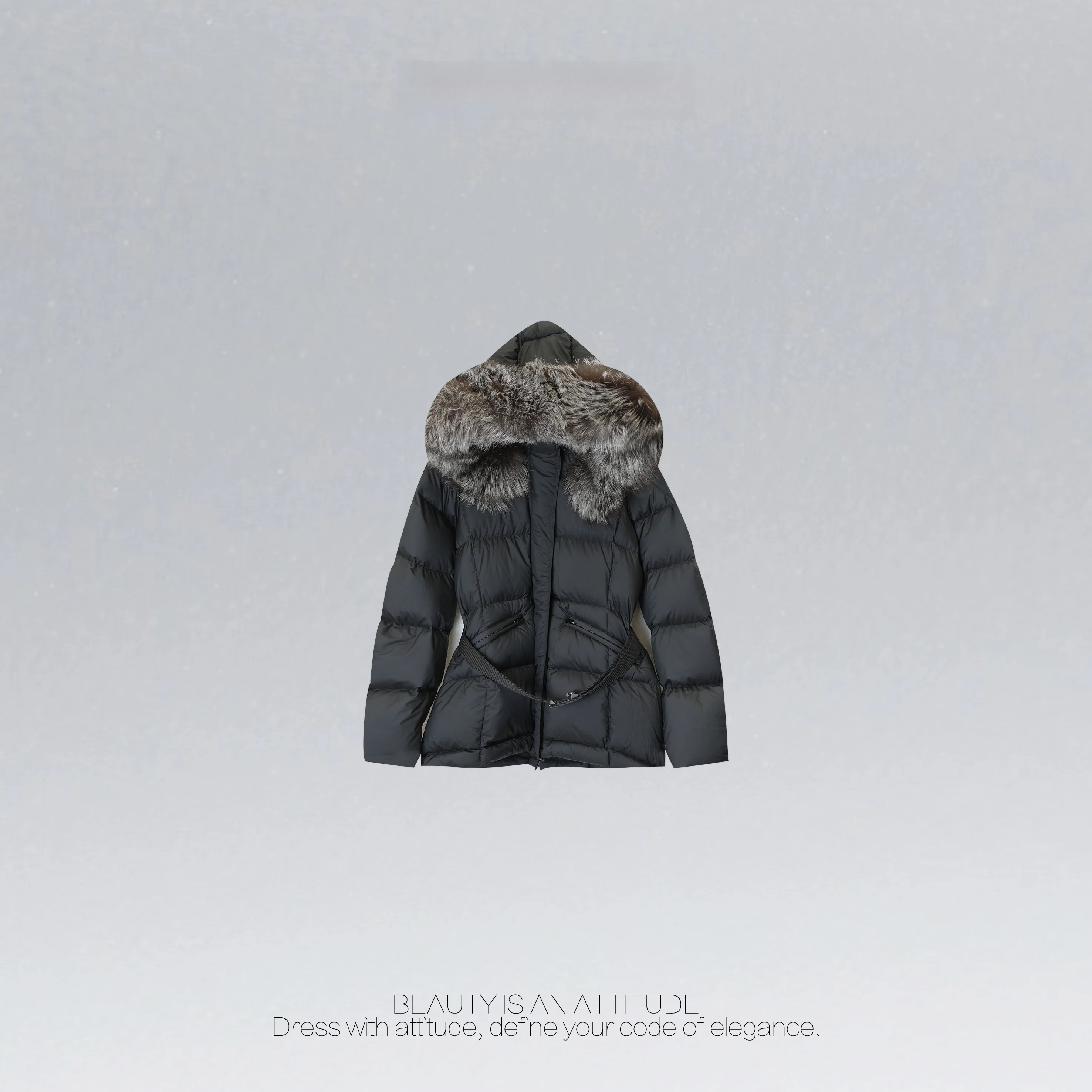 

High-Luxury Silver Fur Collar Warm Hooded Belted down Jaet New National Stand White Goose down Thi Winter Coat