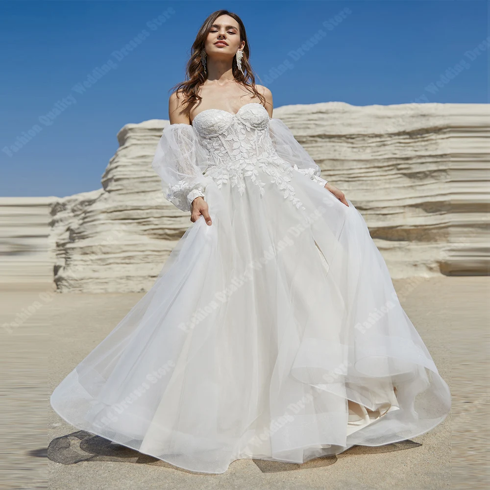 Elegante Witte Vrouwen Trouwjurken Off Shoulder Lange Mouwen Kanten Applique Bruidsjurken Op Maat Gemaakte Klassieke Vestidos De Noiva