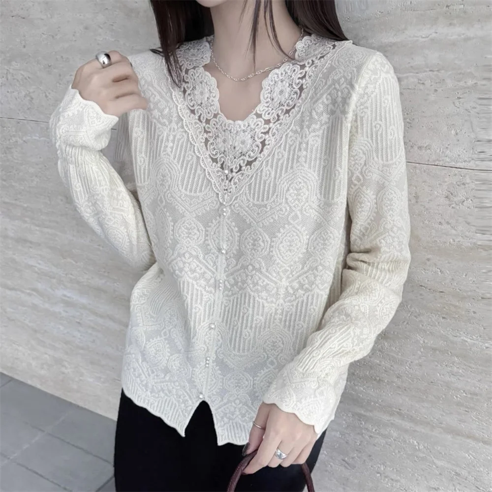 

Women Clothing Autumn Casual Simple All-match Fashion Lace Solid Color V-neck Female Knitting Vintage Pullovers Lady White Tops