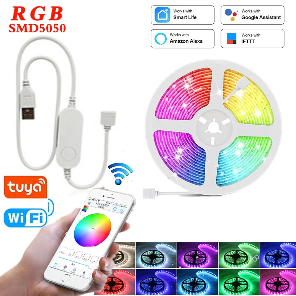 USB LED Strip Tuya Smart Wifi 1M 2M 5M DC 5V RGB 5050 SMD Flexible LED Light Alexa Google Decor Screen DC5V TV Background Lights