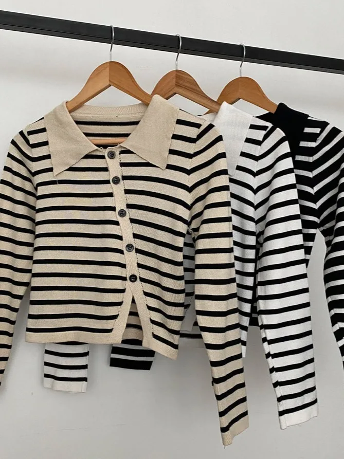 

Chic Korean Sle ort Striped Long Sve Knitted Sweater Women's Faionable Collared Open Cardigan Autumn 2025 New Arrival