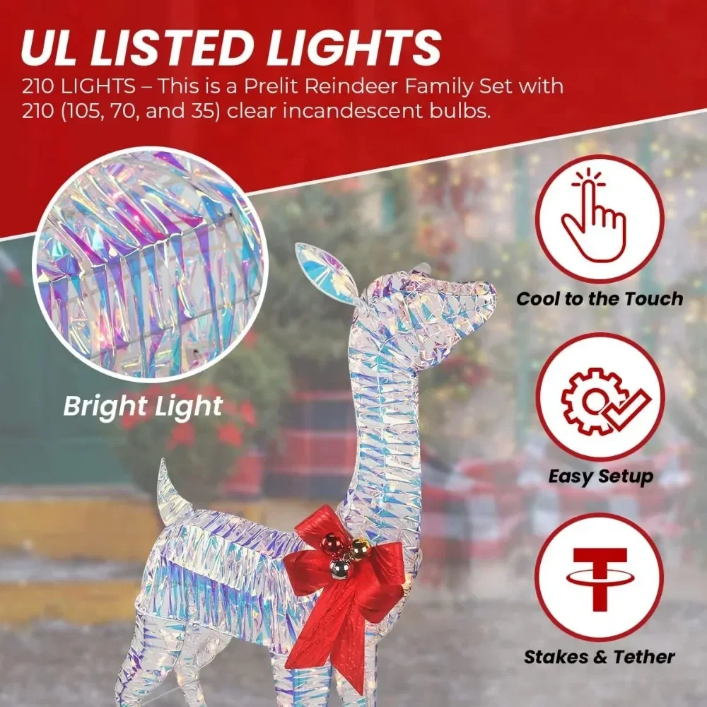 3-piece Rainbow Reindeer Set, 210 Lights, 52 Inches Buck, 44 Inches Doi, 28 Inches Deer - Indoor or Outdoor Christmas Decoration