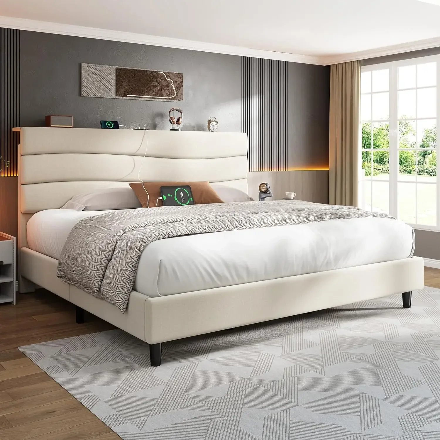 [عرض لفترة محدودة، اليوم فقط! ]إطار سرير بحجم كينج مع لوح رأسي منجد من القماش، وإطار سرير كينج مع لوح رأسي للتخزين