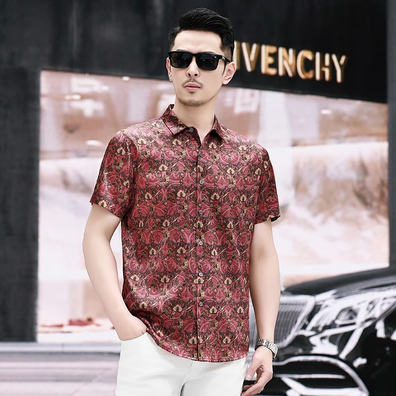 Softness Satin Skin-Friendly Print Shirts For Men Short Sleeve Summer Quality Geniune Silk 92.5%,Elastane 7.5% Camisas De Hombre