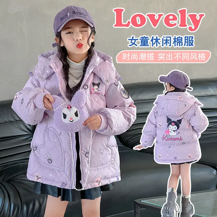 Children's Padded Jacket Anime Sanrioed Kuromi Girls Down Jacket Autumn Winter Thickened Cotton Coat Fashion Cartoon Overcoat