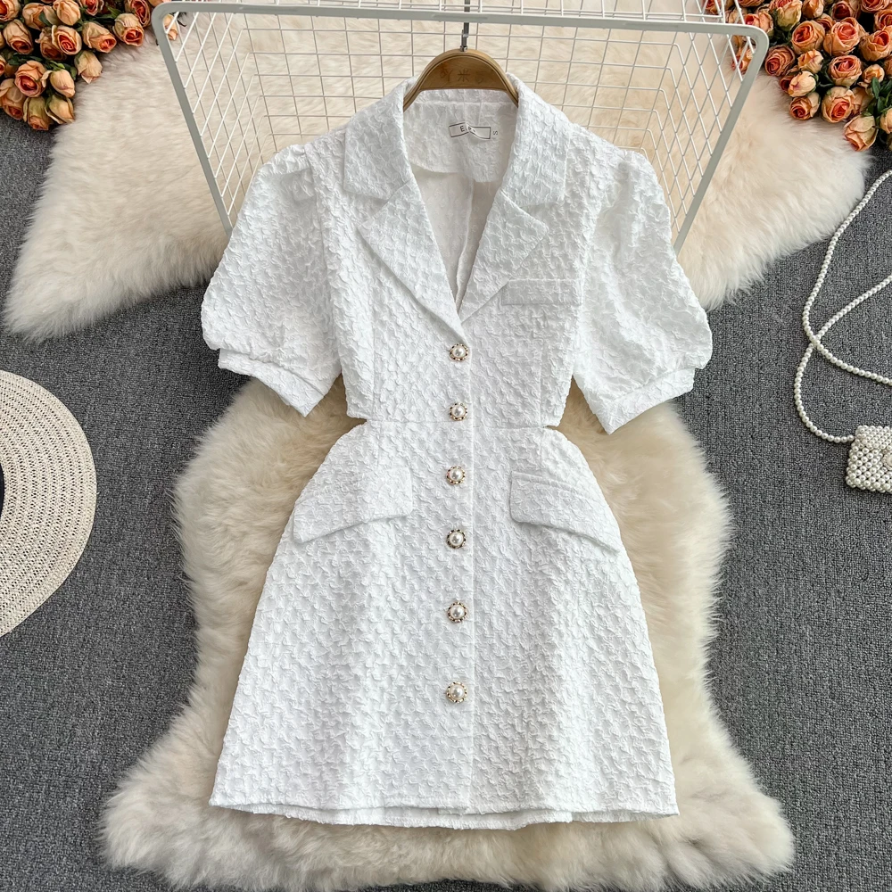 

2023 Summer New Retro Women Dress Solid Color Jacquard Puff Sleeve Hollow Waist Female Dresses Classic Versatile Ladies Clothes