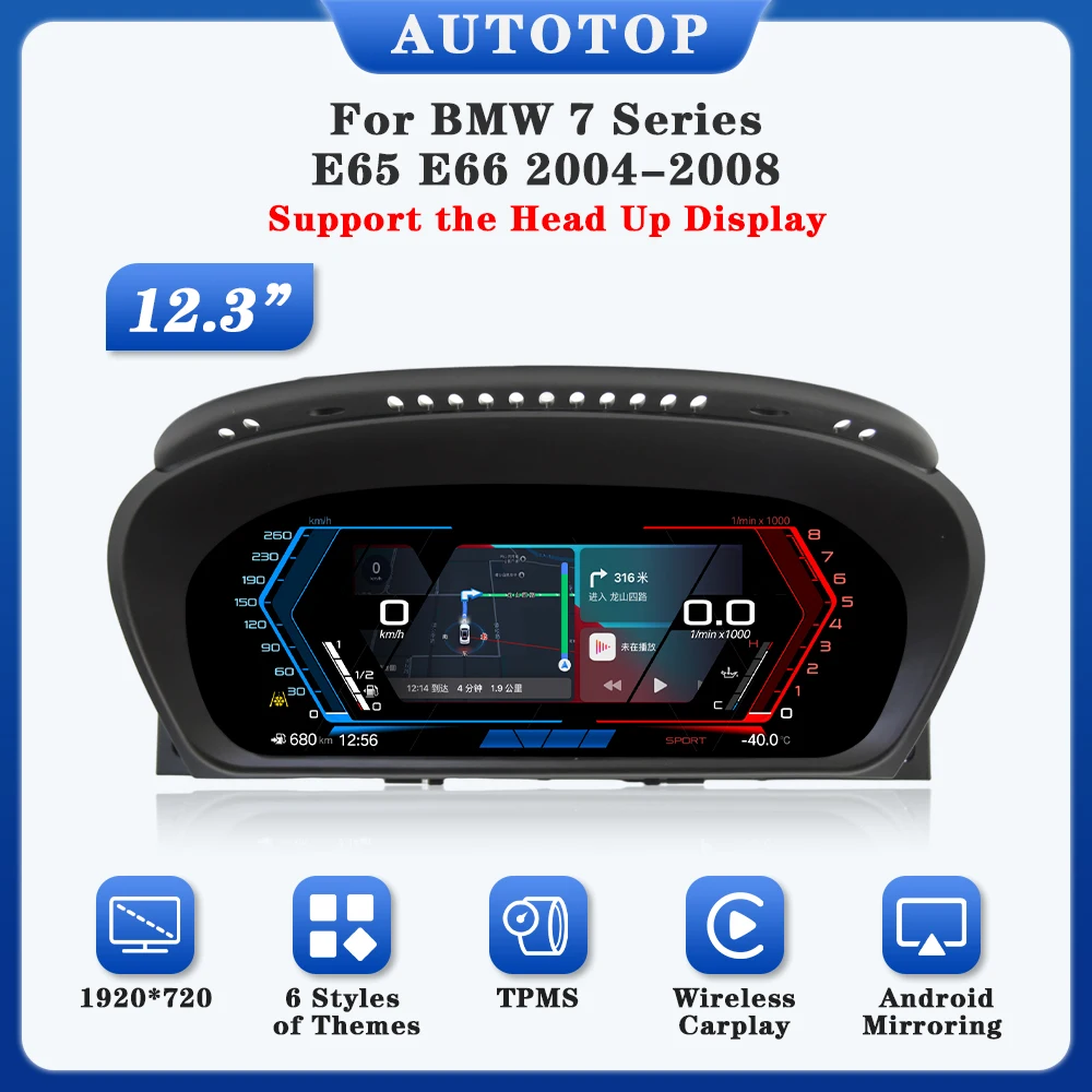 AUTOTOP 12,3" 1920*720 Linux Wireless Carplay Instrument Virtuelles Cockpit Tacho Armaturenbrett für BMW 7er E65 E66 2004-2008