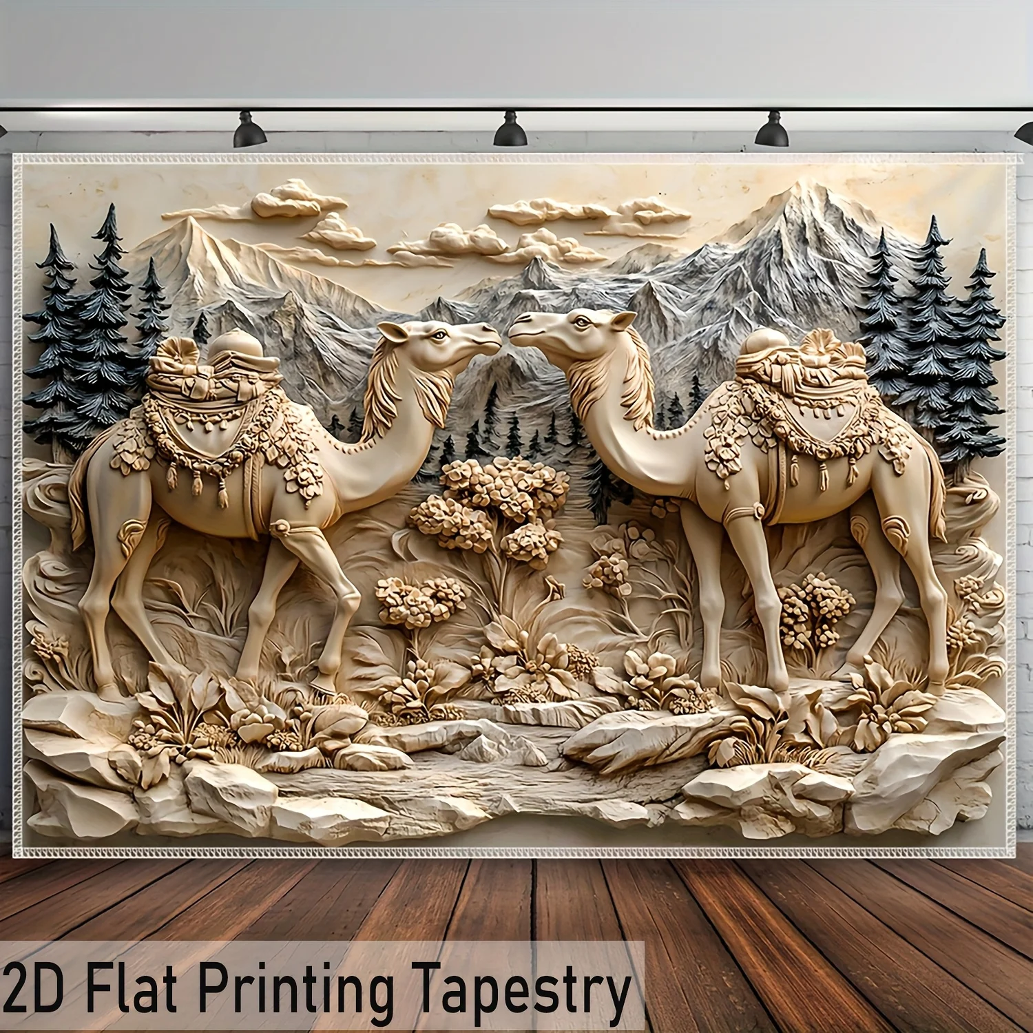 Camel Relief Wall Tapestry Mountain Landscape Desert Art 3D Carving Effect Home Decor Living Room 2D Flat Print